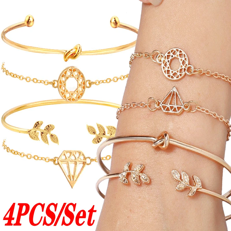

4PCS/Set 2022 Hollow Diamond Bracelets Set for Women Knotted Bohemian Leaf Bracelets Bangles Birthday Day Jewelry