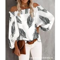 women blouse sexy loose feather print pullover shirt womens fashion lantern sleeve off shoulder slash neck pullover shirt top