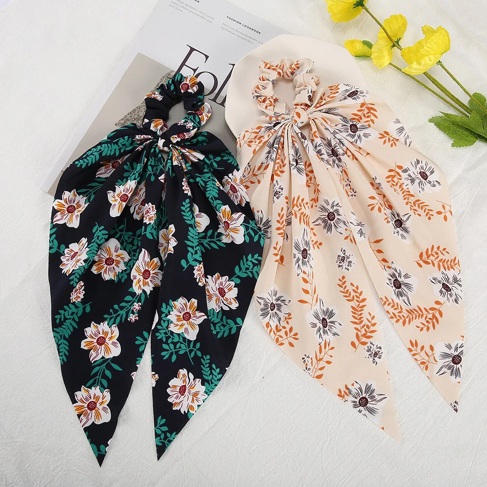 

New Fashion Print Flower Elastic Long Ribbon Hair Bands Ponytail Scarf Hair Ties Women Scrunchies Hair Accessories