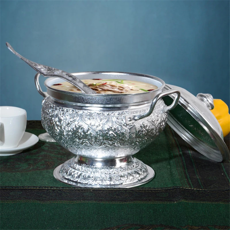 

Оловянная посуда Tom Yam Kung суповая кастрюля с ложкой и крышкой кухонная утварь для тайского ресторана контейнер для сладкого супа сковорода для Рисоварки