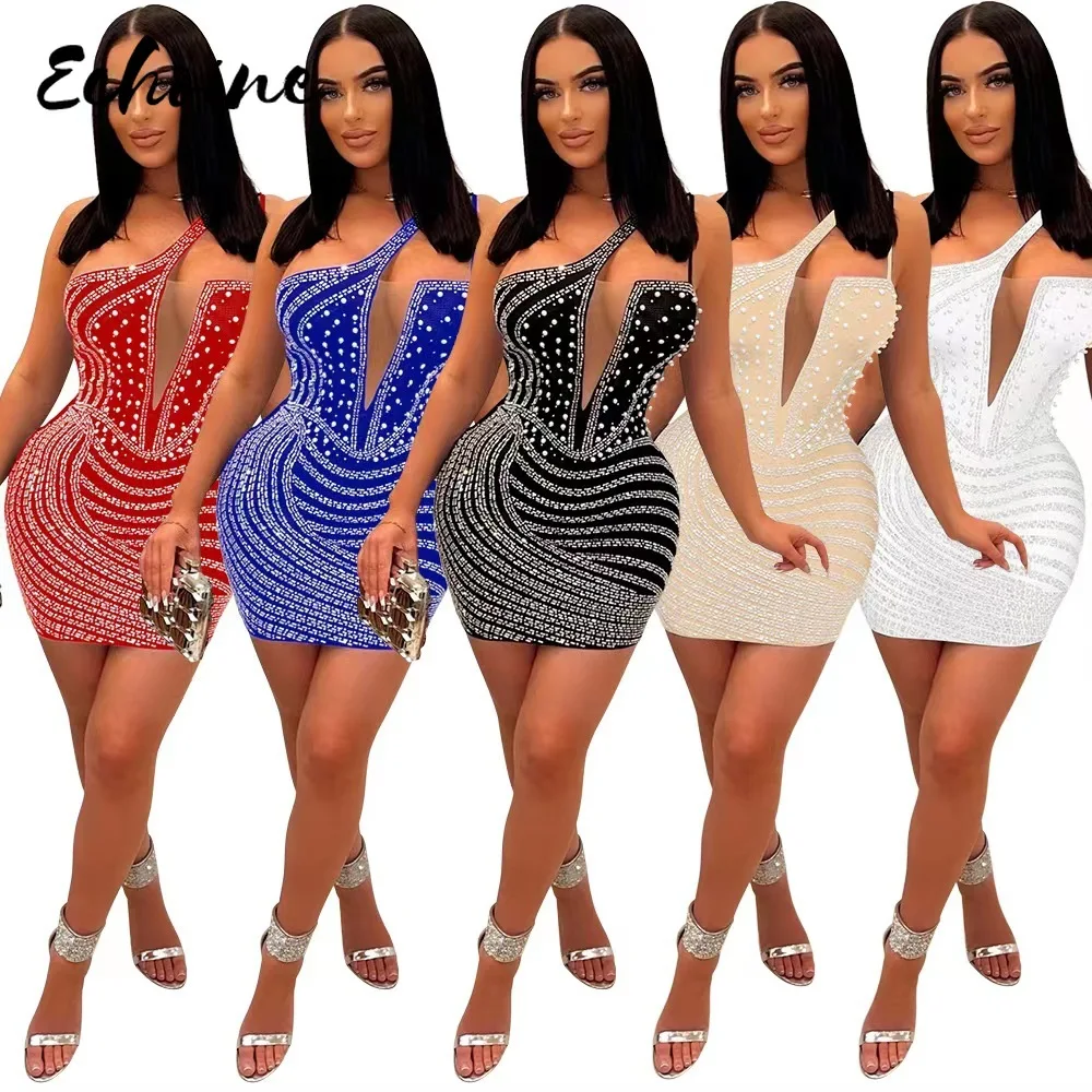 

Elegant Rhinestone Sparkly Birthday Mesh Dress for Women Sexy Glitter Night Club Outfits Summer Bandage Bodycon Party Dress