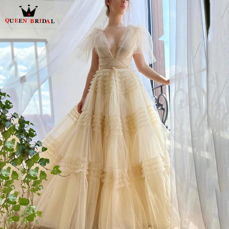 

Yellow Dress Tiered V Neck Sleeveless Ribbons Long Evening Dresses Exquisite Tulle See Through Celebrity Princess Gowns QW08