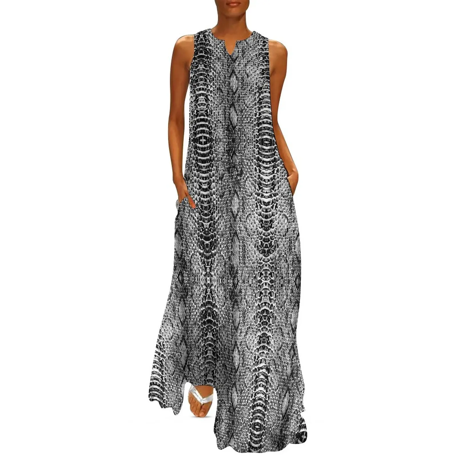 

Snakeskin Print Dress Summer Black And White Aesthetic Casual Long Dresses Woman Kawaii Maxi Dress Gift Idea