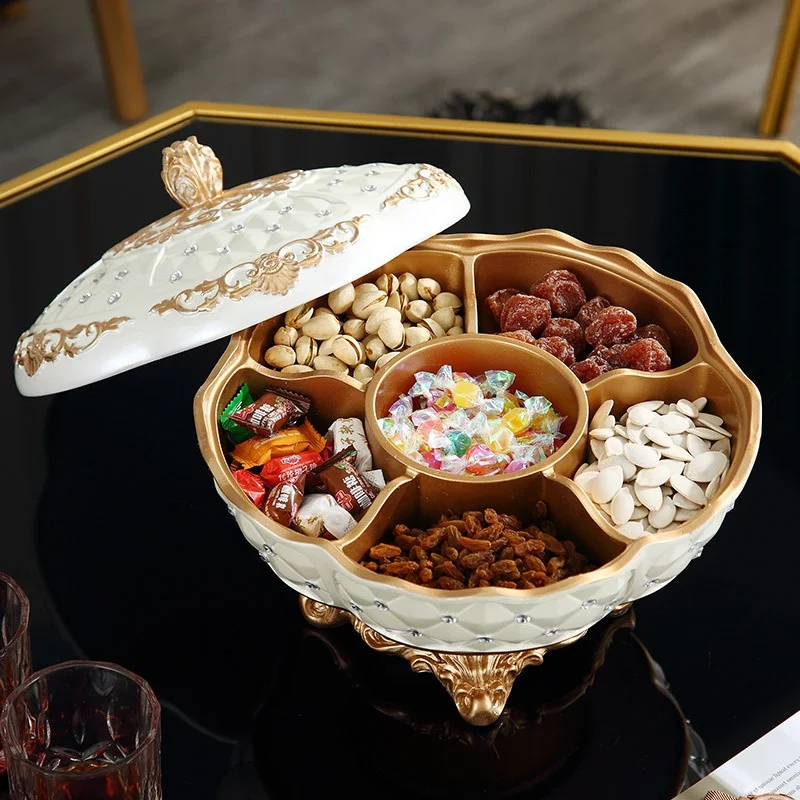 

European Style Dried Fruit Plate Craft Diamond with Dust Cover Six Grid Grid Candy Plate Home Decorative Fruit Plate