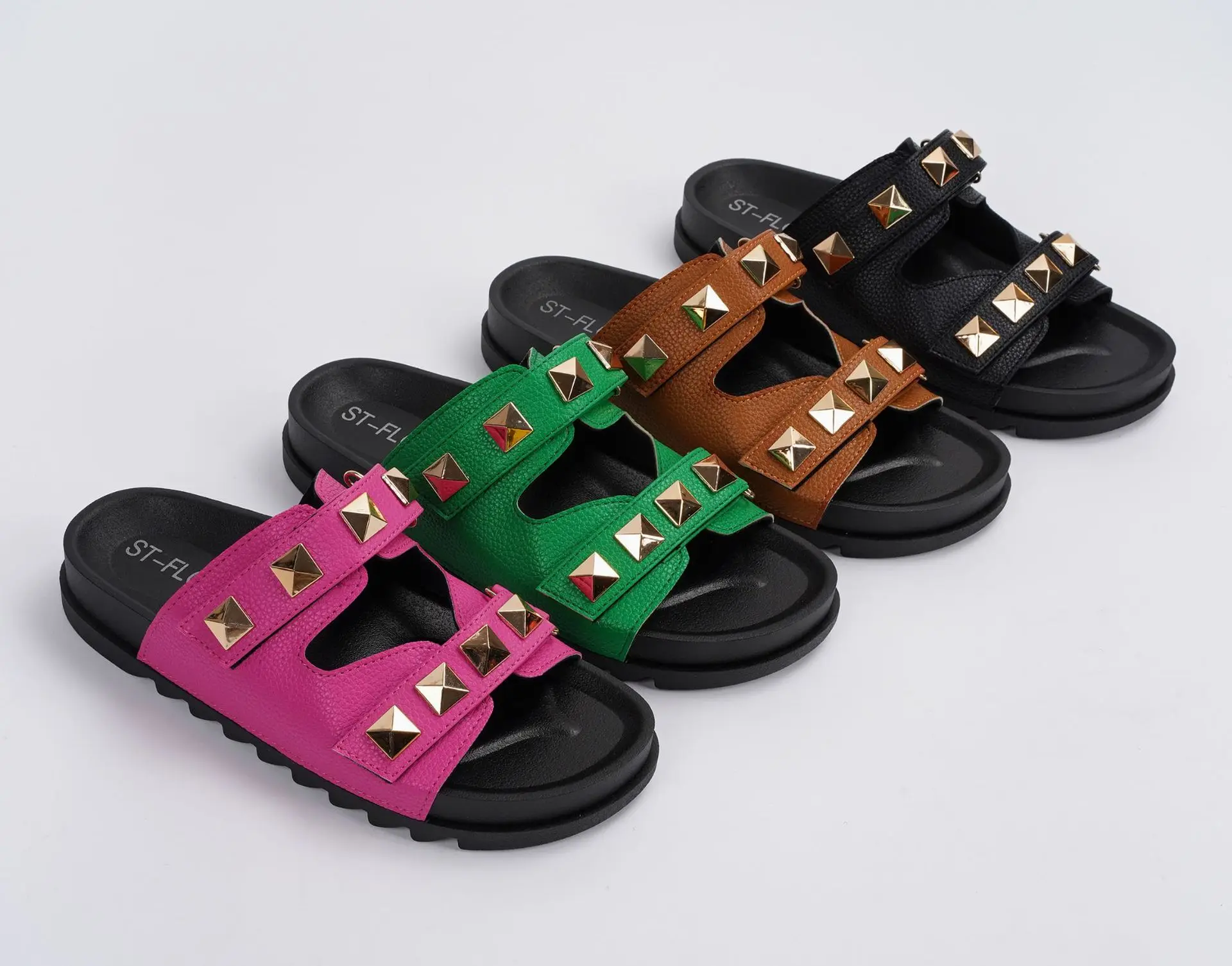 2023 European and American Fashion Rivet Non-Slip Double Buckle Women's Flat Sandals Slippers