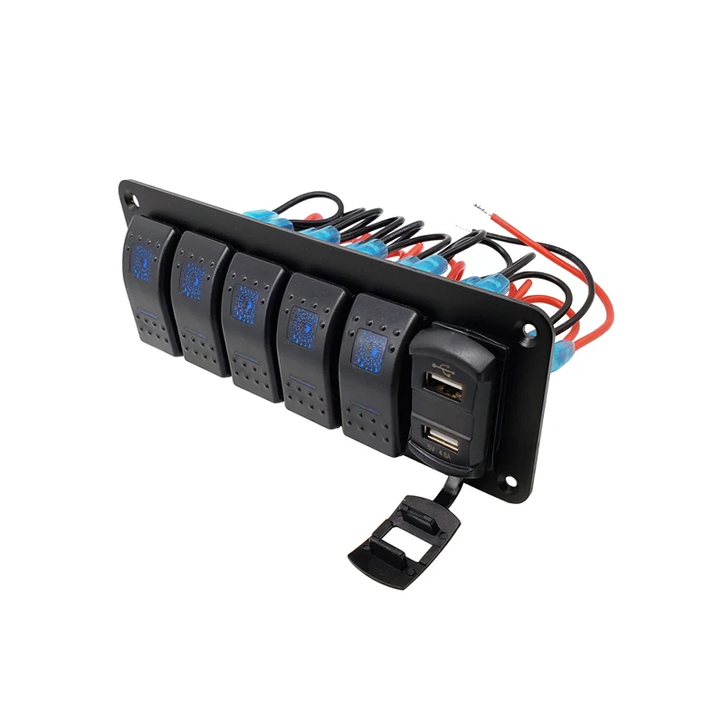 

6 Gang Rocker Switch Panel Digital Voltmeter 12V 24V Dual USB Chargers Car Truck Bus Ship Marine Circuit Breaker RV