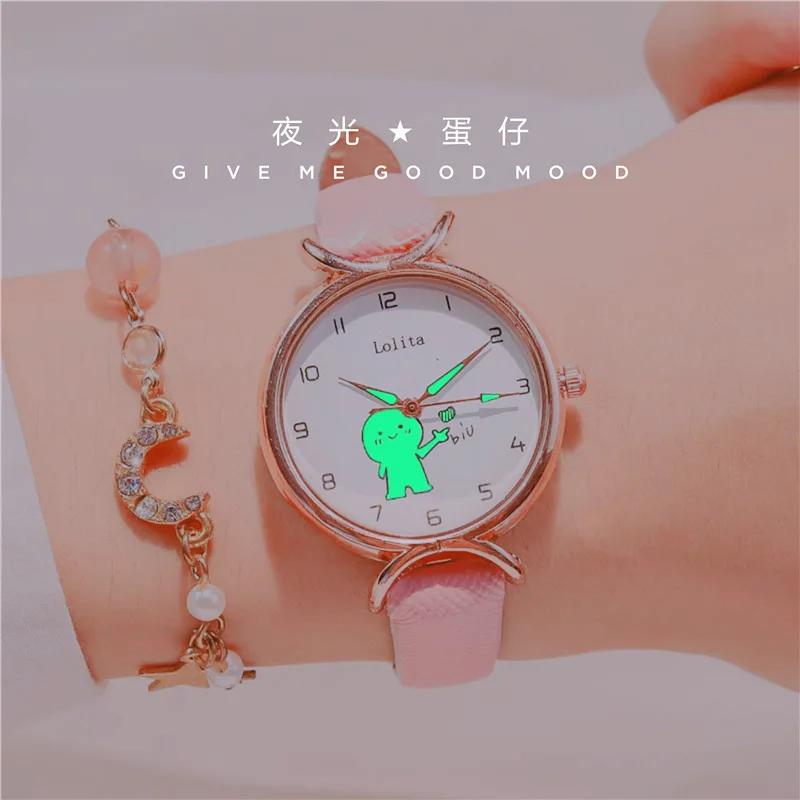 

Fashion Round Quartz Luminous Cartoon Dial Casual Wrist Watches Leather Strap Fashionable Clock Waterproof Wristwatch for Women