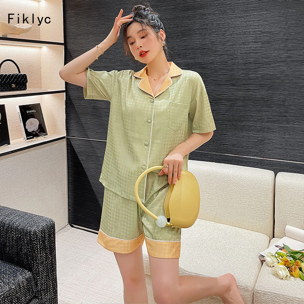 

Fiklyc 2022 New Design Summer Short Sleeve Trousers Ice Silk Pajamas Sets Turn Down Collar Cardigan Sleepwear For Female Simple