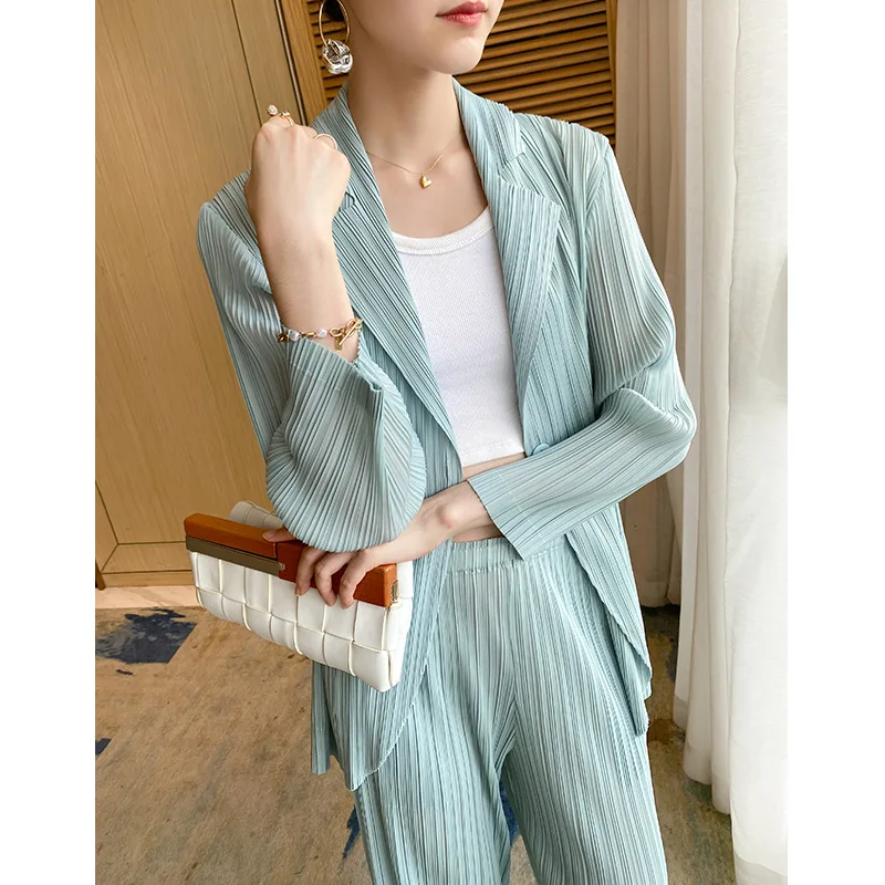 

Женский плиссированный пиджак Miyake, Повседневный Кардиган с жакетом и прямыми брюками, одежда для офиса, весна-осень 2022