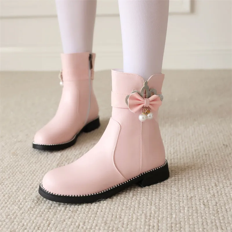 

Free Shipping Autumn Lolita Sweet Pearls Pendant Bowtie Ankle Boots for Ladies Low Heel Black White T-Show Party Shoes Women New