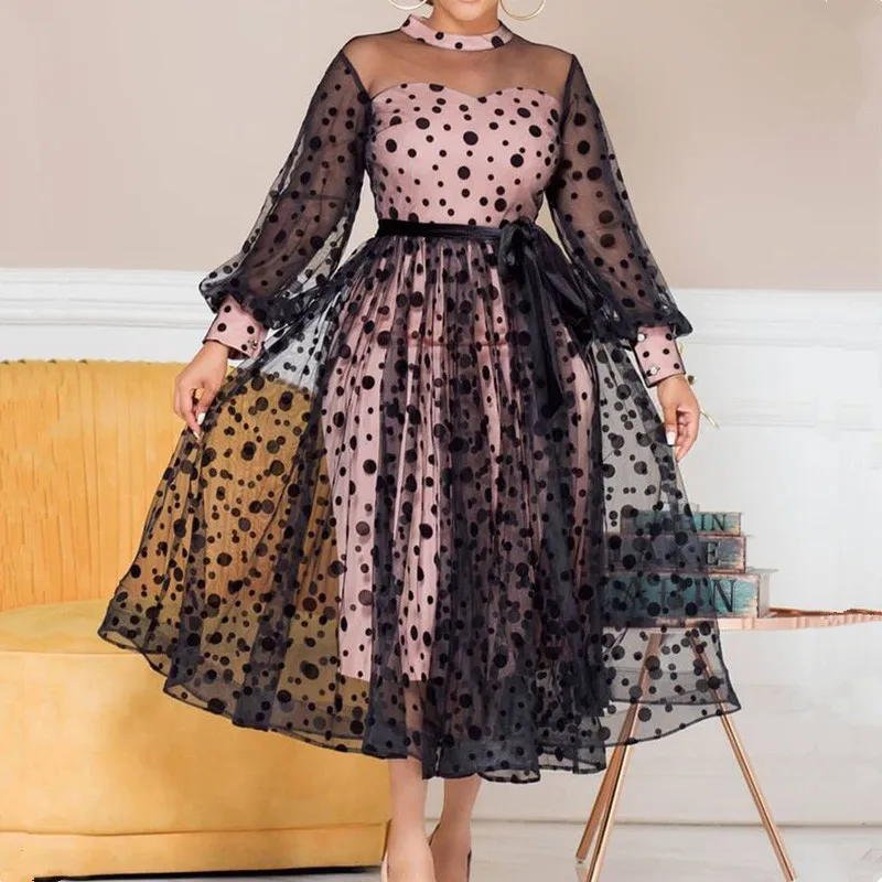 

African Dresses For Women 2021 New Fashion Two Layer Mesh Dot Ruched Big Hem Africaine Femme Clothes Elegant Dress
