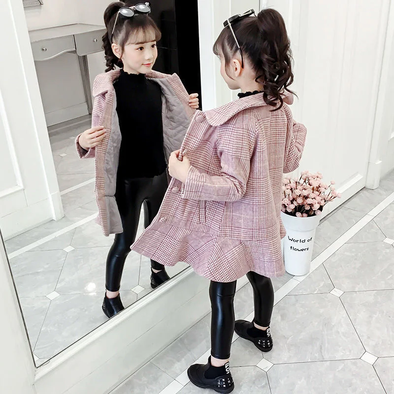 

Girls Woolen Coat Jacket Outwear 2022 Retro Plus Thicken Spring Autumn Cotton Overcoat Outfits Sport Tracksuits Tops Children's