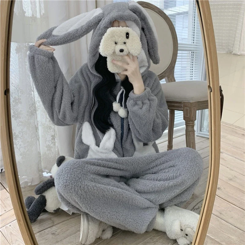 QWEEK Bunny Hooded Onesies Women Kigurumi Pajamas Cute Pijama Winter Warm Sleepwear Kawaii Female Set with Pants Long Sleeve |