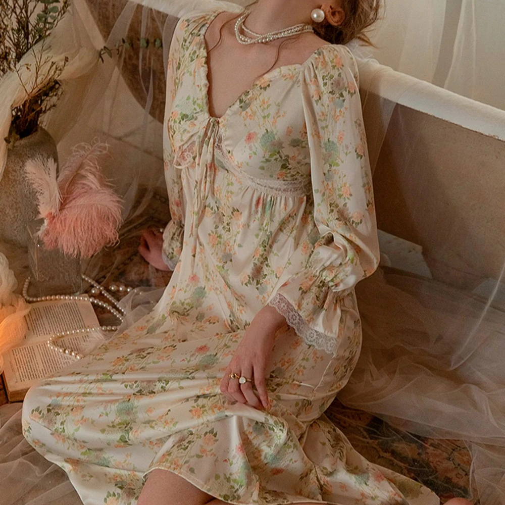 Female Long Nightgown Sleepwear Retro French Palace Style Nightdress Bathrobe Gown Loose Print Flower Lace Home Wear Nightwear