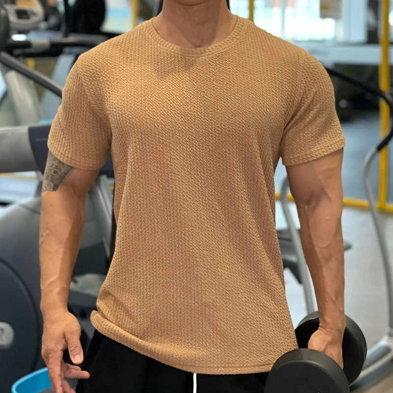 

Cotton T Shirts Men Casual Slim Fit Pleated Solid Color Sports Fitness Training T-Shirt Mens Gym Clothes Summer Short Sleeve Tee