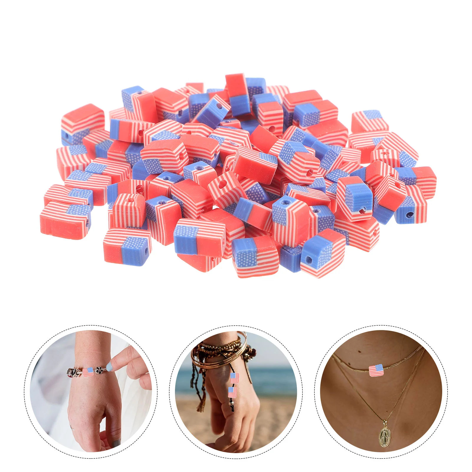 

100 pcs Patriotic Spacer Beads USA Flag Polymer Clay Beads DIY Jewelry Square Shaped Beads