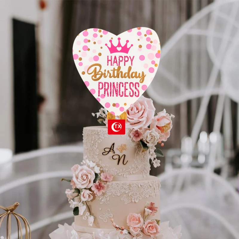 Happy Birthday Princess Cake Topper Heart Printed Crown Bow Acrylic Flags For Girl's Party topper