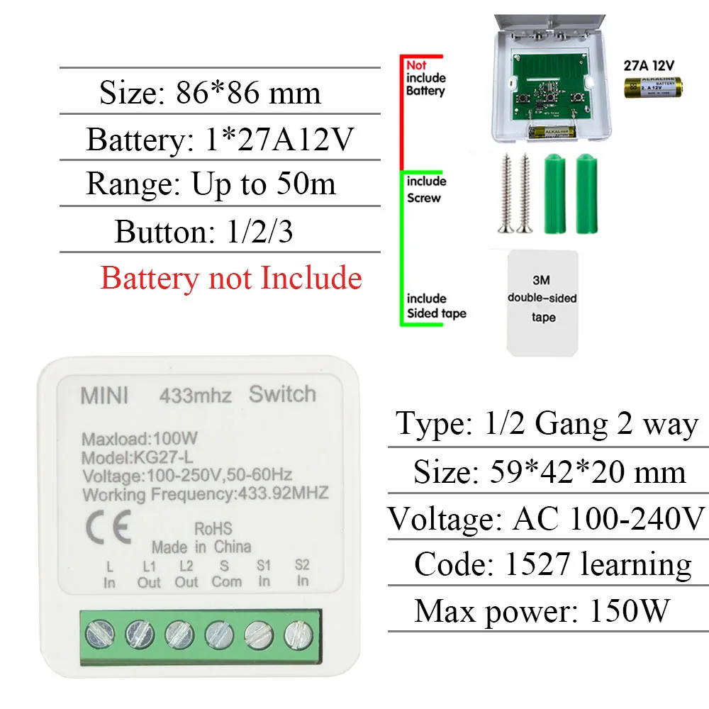 Беспроводной двухсторонний выключатель света без нейтрального Rf 433 МГц