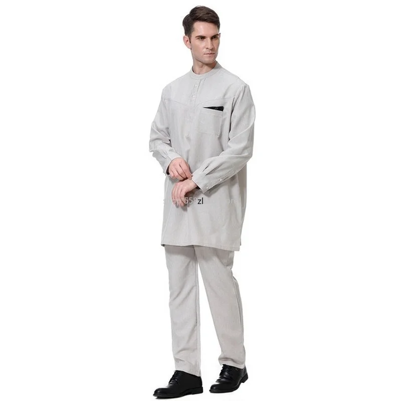 Thobe For Men Arab Dubai Cotton Mens Formal Muslim Set Two Piece Top Bottom Pants Clothing Islamic Kaftan Prayer Suits