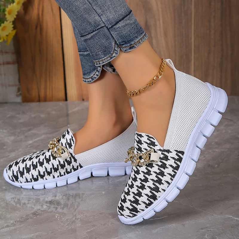 Houndstooth Loafers Woman Luxury Rhinestone Chain Buckle Moccasins Ladies Summer Breathable Knitted Slip-on Sneakers Plus Size