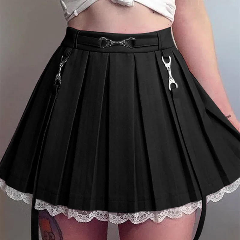

Women Lace Trim Mini Pleated Skirt Goth Y2K Harakuju Ruffle High Waist Skirt Lolita Punk Style Academia Aesthetic Streetwear