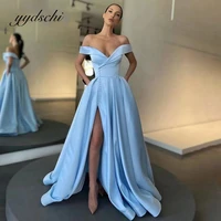 2022 blue off the shoulder prom dresses elegant v neck pleated evening dress for women green sexy high slit robes de soir%c3%a9e