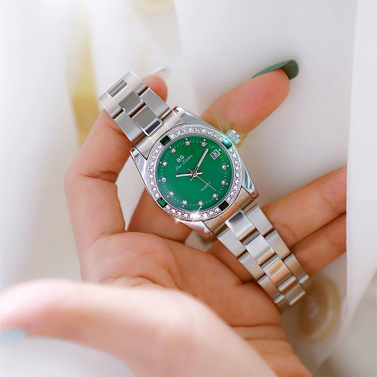 BS Women Watches Luxury Brand Gold Stainless Steel Watch For Women Green Dial Crystal Diamond Watch Female Quartz Wristwatches