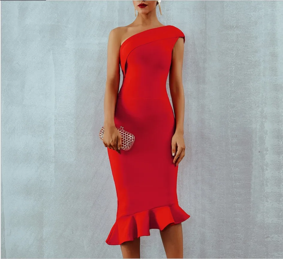 

New Summer Red Women Elegant Solid Color Sexy One Shoulder Sleeveless Ruffles Nightclub Cocktail Party Mermaid Dress Vestidos