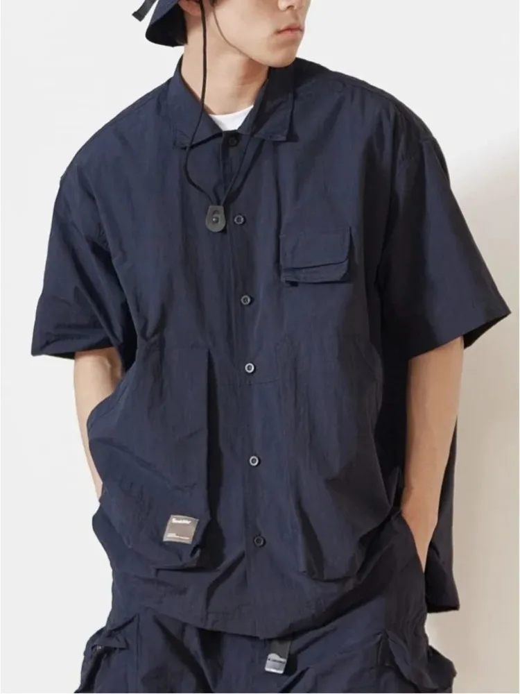 

Cityboy Pocket Cargo Shirts Mens 2023 Summer Safari Style Solid Color Lapel Single Breasted Short Sleeve Loose Shirts Men