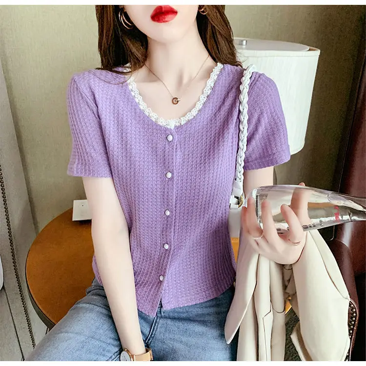 

Women 2022 Summer New Fashion Lace Short Sleeve Buttons Shirts Female V-neck Casual Blouses Ladies Solid Color Loose Shirts C107