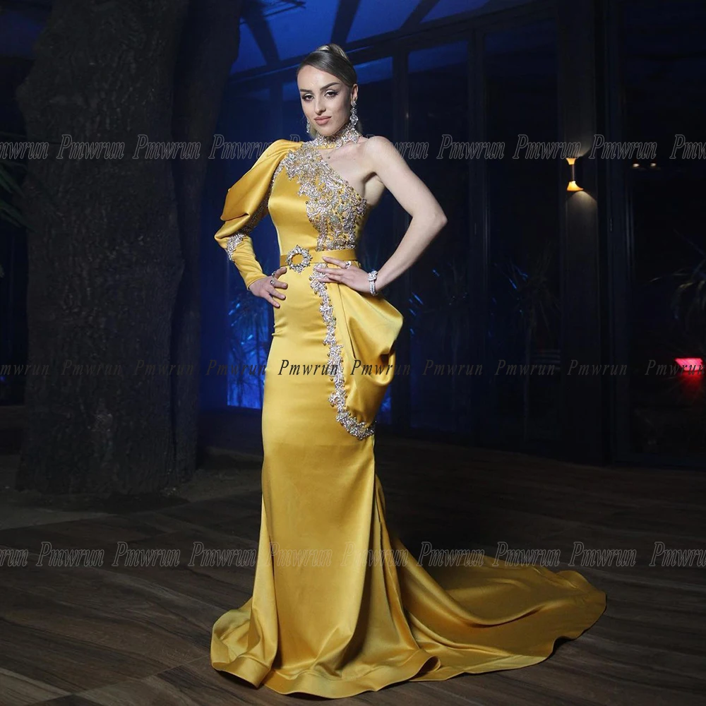 

Роскошные золотые платья Pmwrun для выпускного вечера для женщин, асимметричные блестящие Серебристые аппликации с длинным рукавом, на одно плечо, для конкурса