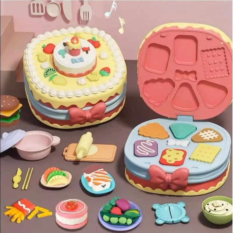 New Children's Play House Colorful Mud Cake Toy Sound And Light Hamburger Plasticine Mold Ultra Clay Suit Gifts For Girls