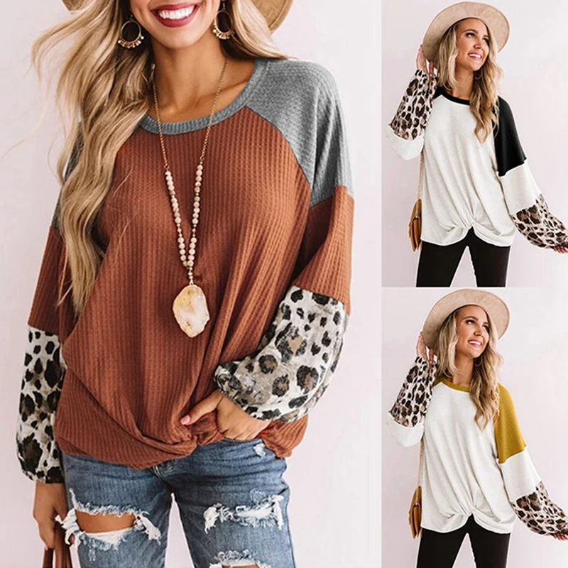 

Stitching Leopard Print Women's Top Spring Autumn Loose Knit Pullover T-shirts Waffle Long Sleeve Top For Female