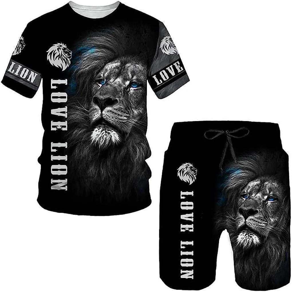 Tracksuit Short Sleeve T-shirt 2-Piece Summer Men's Lion Print Fashion Short Pants Suit Round Neck Oversized Street Jogging Wear
