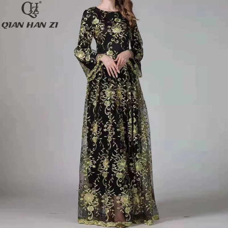 

QHZ Spring/Summer Fashion Runway Maxi Dress women flared sleeves vintage high quality Mesh Sequin Flowers embroidered long dress