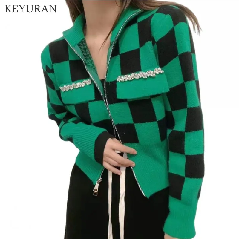 

Woman Sweaters Color Matching Plaid Knitted Cardigan Women's Clothes 2022 Spring Autumn Loose V-neck Femme Chandails Pull Hiver