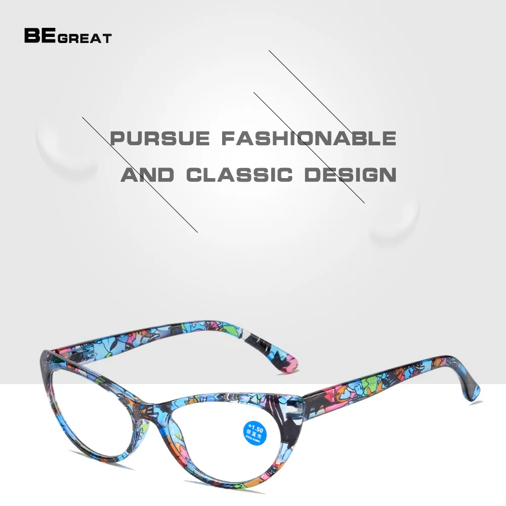 

BEGREAT Fashion Floral Reading Glasses Women Cat Eye Eyeglasses Prescription Anti-blue Light Frame +100 To +400 oculos de grau