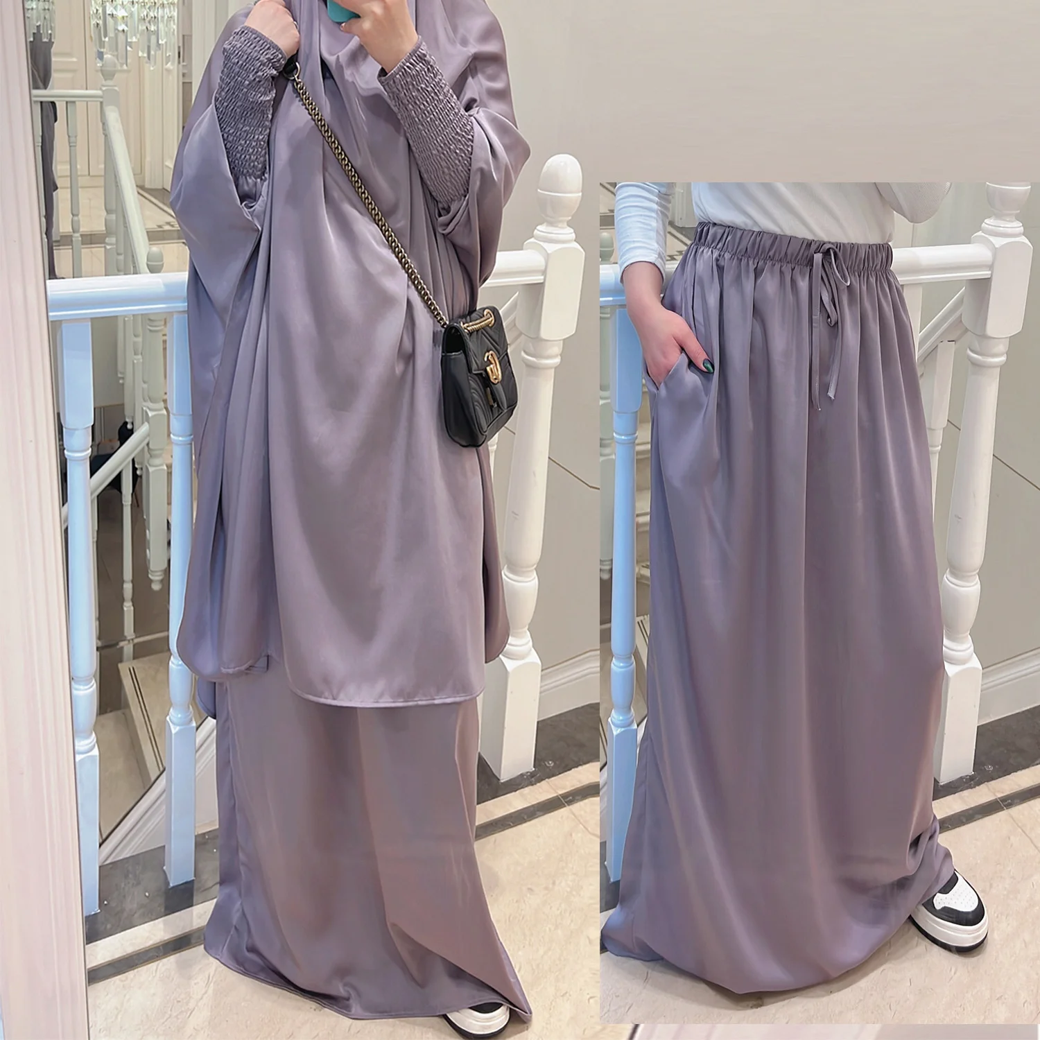 Muslim Satin Abaya For Women Skirt Jilbab 2 Two Piece Set Hooded Abayas Ramadan Eid Prayer Garment Dubai Turkey Islamic Clothing
