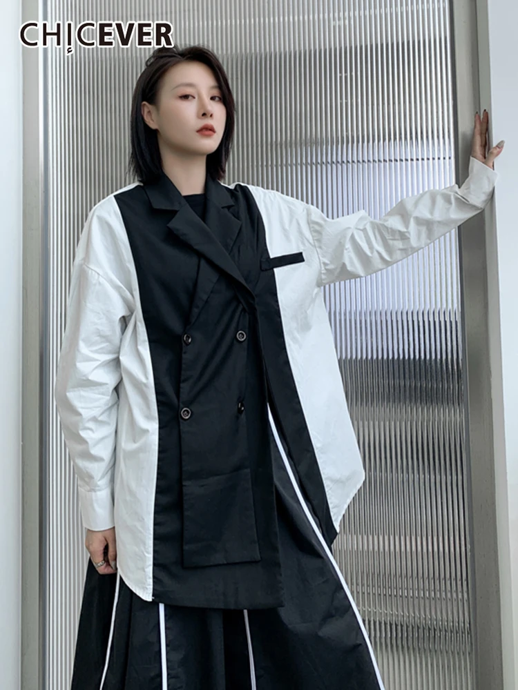 

CHICEVER Fashion Summer Shirt For Women Notched Collar Long Sleeve Patchwork Colorblock Blouses Female Clothing 2022 Style New