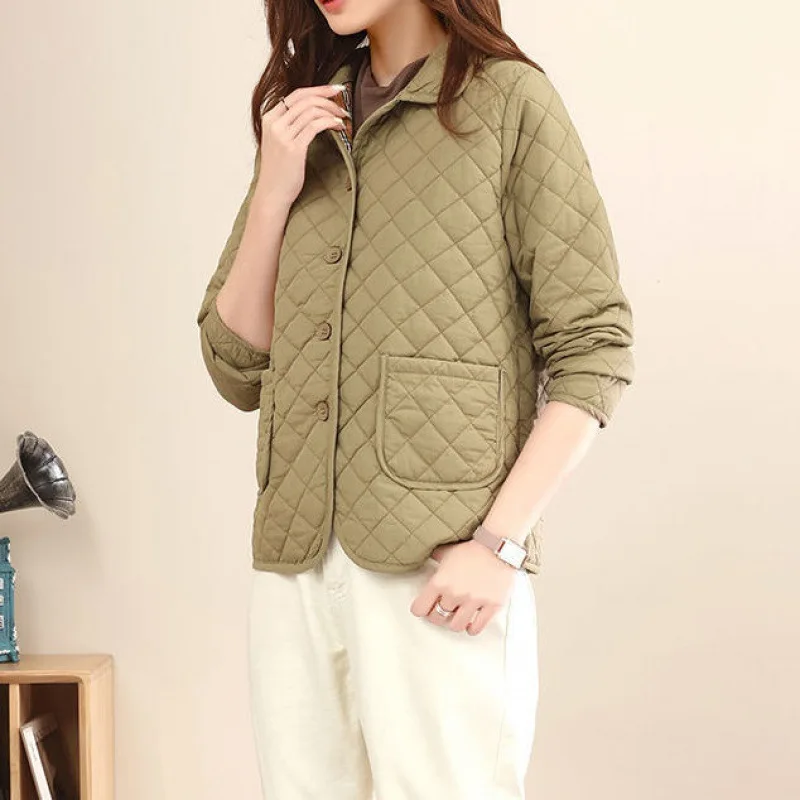 Autumn Winter Women's Short Padded Jacket Parka Warmth Jacket Korean Fashion Thin Cotton Lining Leisure Plaid Streetwear New