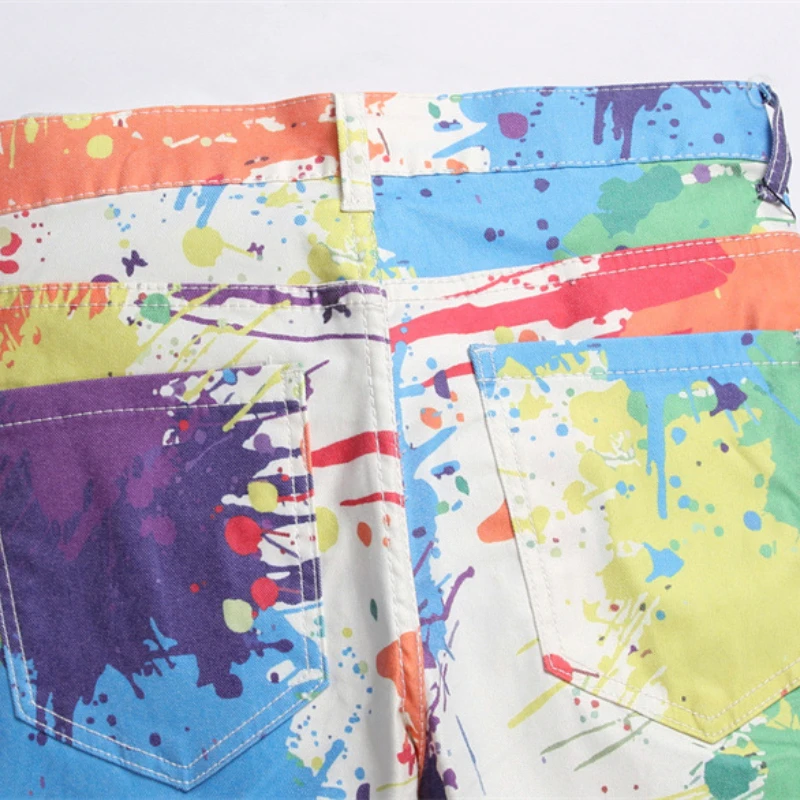 Fashion Colorful Graffiti Printed Jeans Printed Denim Pants Men Biker Zipper Jeans Streetwear Slim Fit Y2k Hip Hop Pants Joggers