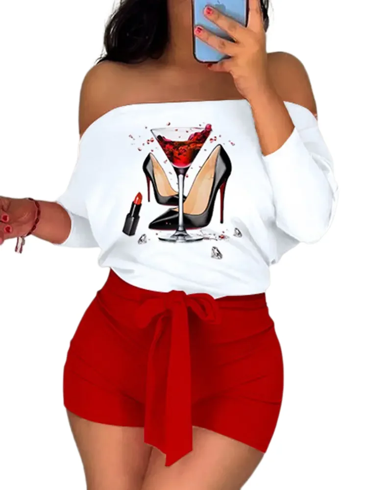 

Wine Glass Print Colorblock Off Shoulder Romper one piece summer ladies Female jumpsuit 2022 women's outfits female clothing new