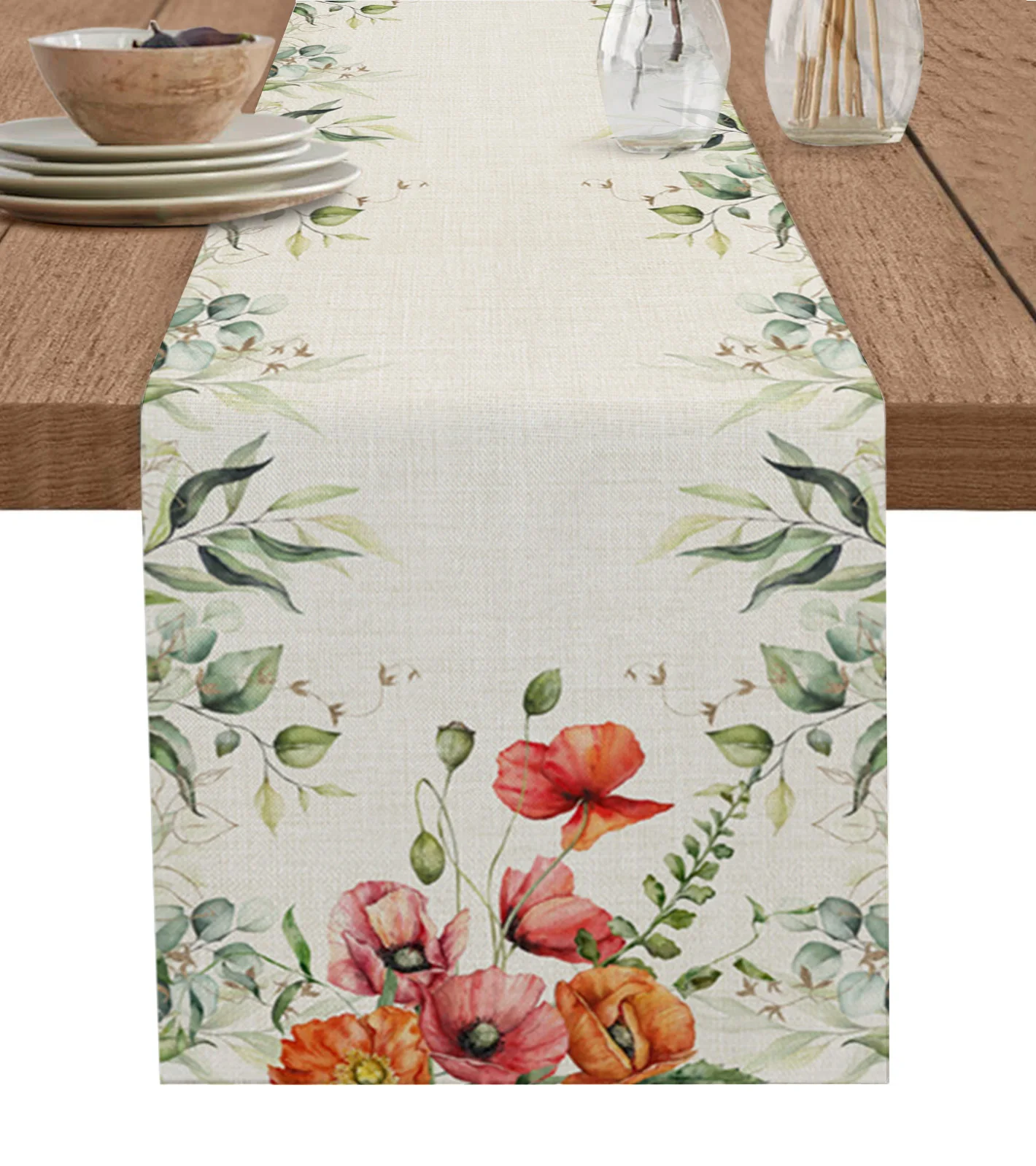 

Plants Daisies Eucalyptus Poppies Table Runner Wedding Party Events Dining Room Kitchen Table Decoration Hotel Home Tablecloth