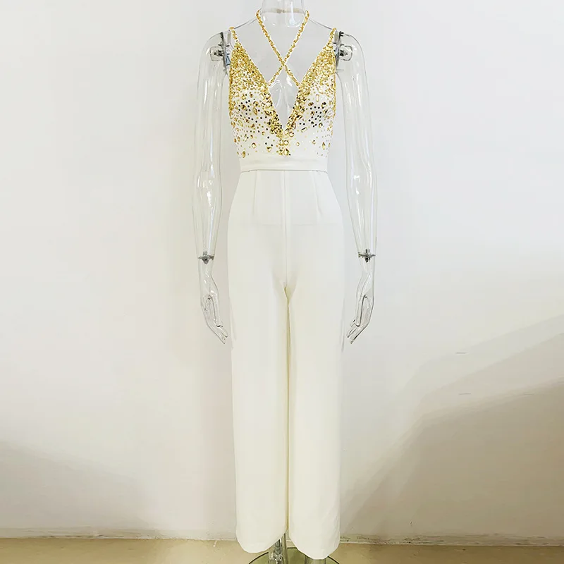 Spring and Summer 2023 Star Fashion New Handmade Beaded Sequins Sexy V-neck Sling Straight Jumpsuit Women Elegance for Party