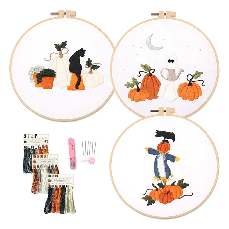 

3 набора для начинающих вышивки, узоры на Хэллоуин, включая ткань для вышивки с узором, нитки для вышивки, обруч