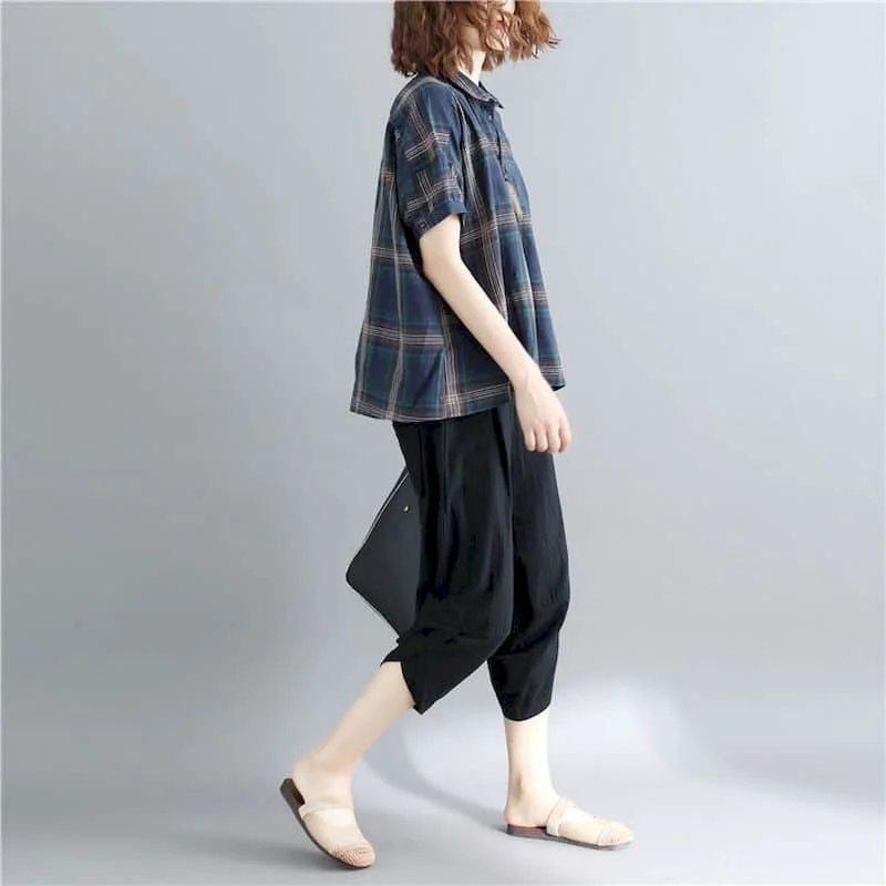 Рубашки из хлопка и льна для женщин винтажный клетчатый пуловер с рукавом до