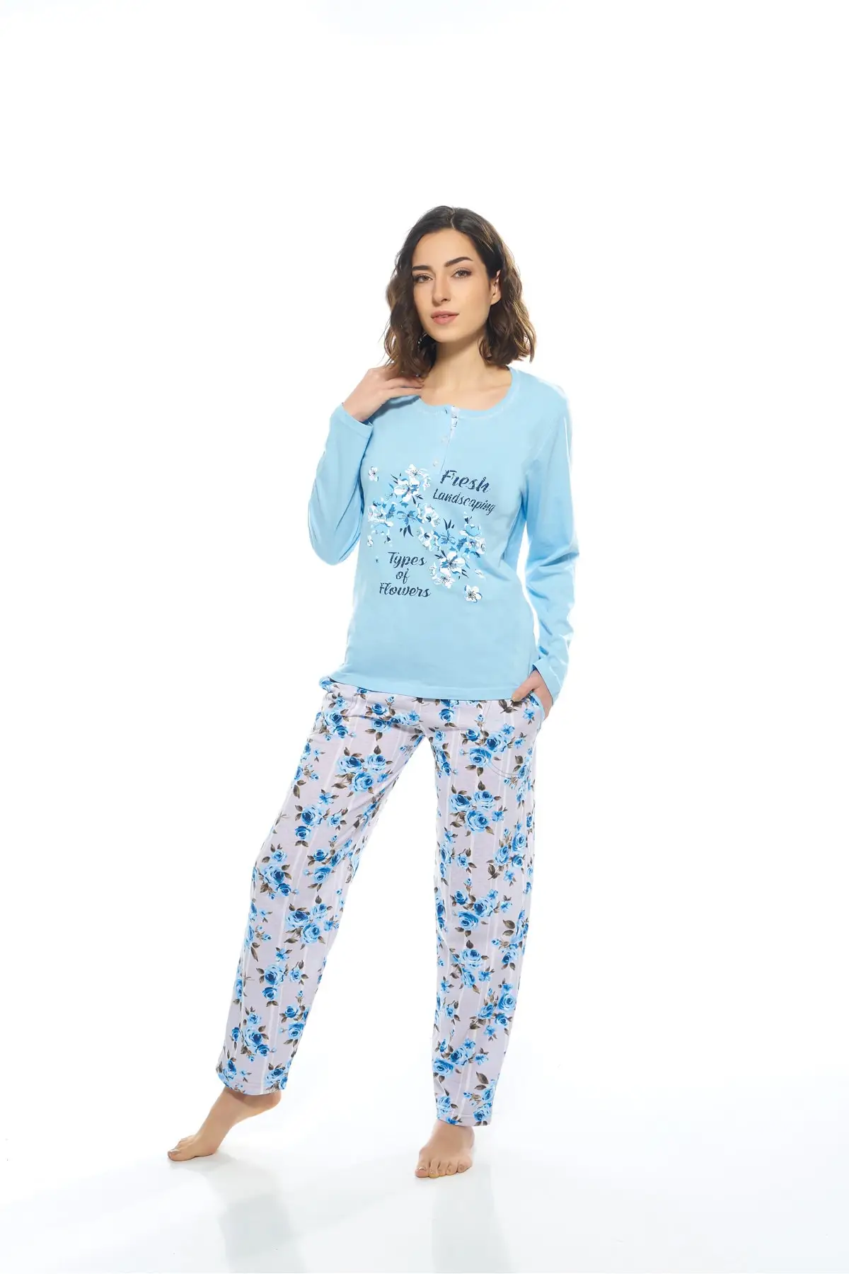 

Women's Pajamas Floral Patterned Long Sleeve Combed Cotton - Blue Sleep Lounge Pajamas Nightwear Sleepwear Night Suit