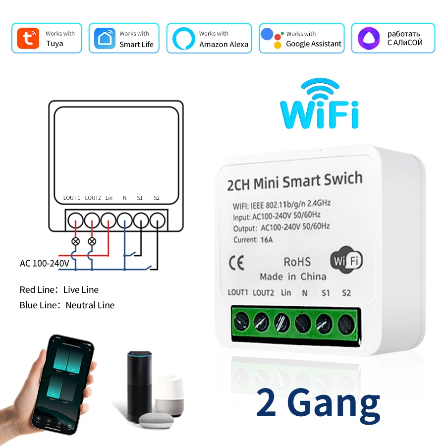 

Wi-Fi модуль-выключатель GGBEE 1/2-канальный 100-240В