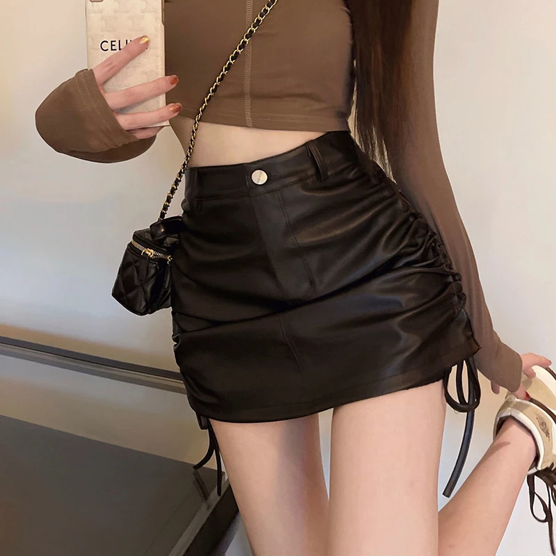 

Leather skirts Women Fashion Sexy high waist Drawstring Pack hip skirt Mini 2021 Ladies Autumn new black lace-up skirt for woman