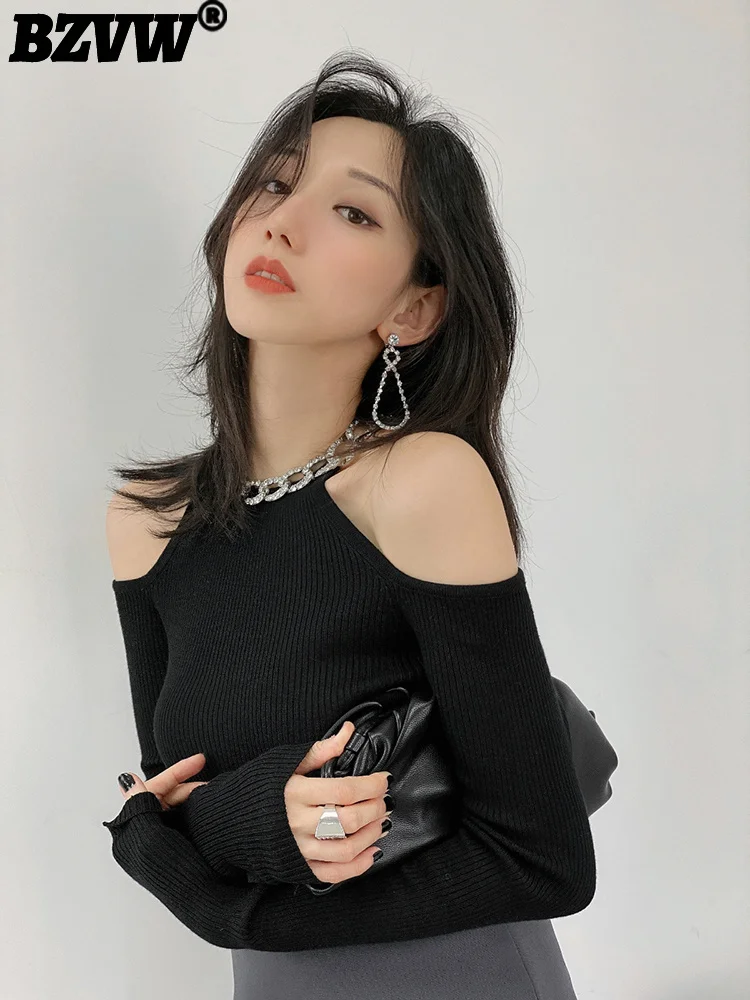 

BZVW Shiny Diamond O-neck Exposed Clavicle Sexy Knit Shirt Women's Off Shoulder Long Sleeve Designer Knitted Top Female 2023 New